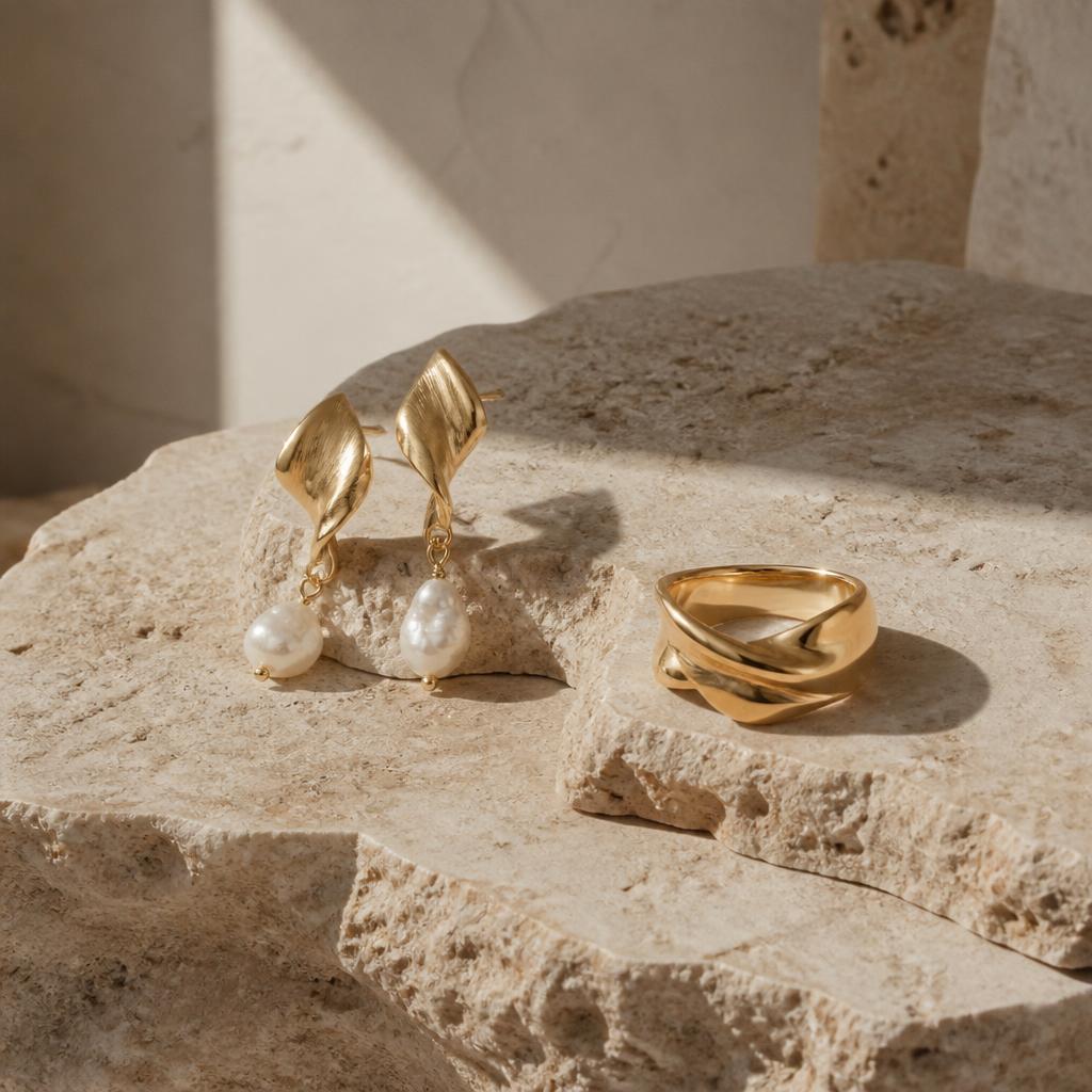 Minimalist gold jewelry on stone