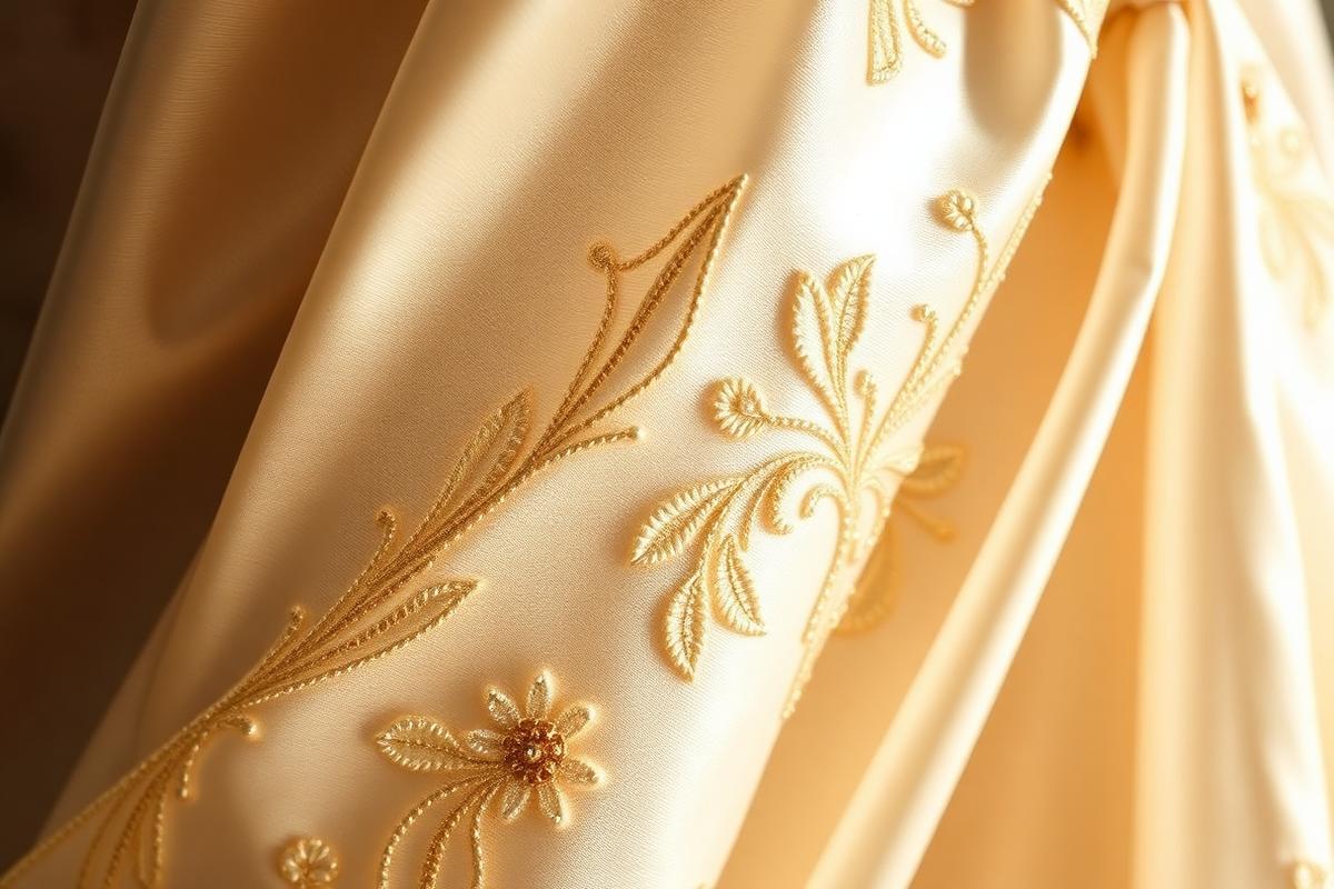 Close detail of hand-embroidered ivory silk with fine gold tambour thread work