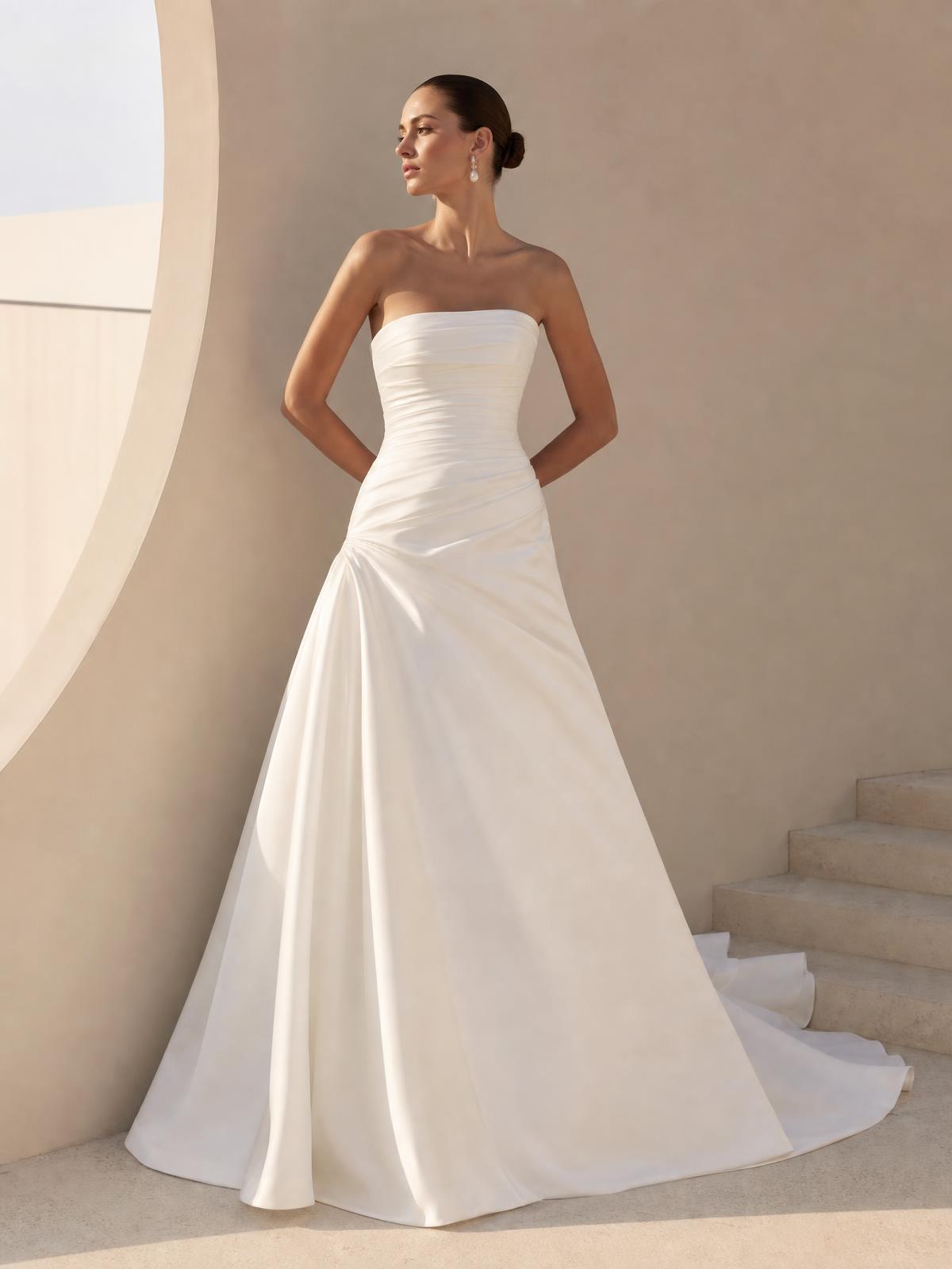 High-fashion bridal editorial in soft sunlight
